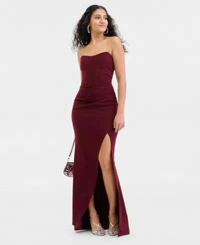 Emerald Sundae Juniors' Strapless Sweetheart-neck Corset Gown In Burgundy