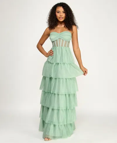 Emerald Sundae Juniors' Strapless Tiered Lace-up Back Gown In Green