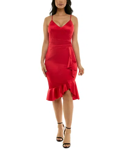 Emerald Sundae Juniors' Strappy Surplice-neck Ruffled Dress In Red