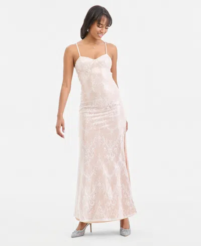 Emerald Sundae Juniors' Sweetheart-neck Sequin Lace Gown In Pink