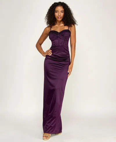 Emerald Sundae Juniors' Sweetheart Neck Twist-front Gown In Purple