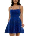 Emerald Sundae Juniors' Textured Square-neck Sleeveless Fit & Flare Dress In Royal