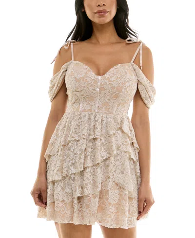 Emerald Sundae Juniors' Tiered Glitter Off-the-shoulder Dress In Champagne