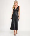 Emerald Sundae Juniors' V-neck A-line Satin Midi Dress In Black