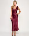 Emerald Sundae Juniors' V-neck A-line Satin Midi Dress In Burgundy