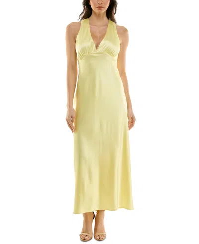 Emerald Sundae Juniors' V-neck A-line Satin Midi Dress In Butter