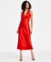 Emerald Sundae Juniors' V-neck A-line Satin Midi Dress In Red