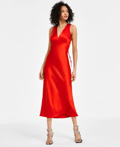 Emerald Sundae Juniors' V-neck A-line Satin Midi Dress In Red