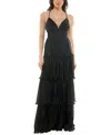 Emerald Sundae Juniors V-neck Ruffle-tiered Sleeveless Gown In Black