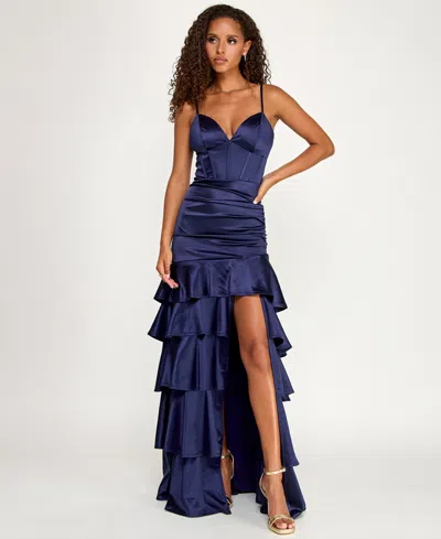 Emerald Sundae Juniors' V-neck Tiered Skirt Gown In Blue