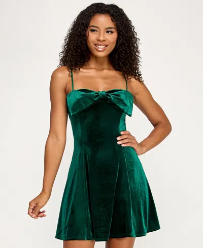 Emerald Sundae Juniors' Velvet Bow Sleeveless Fit & Flare Dress In Green