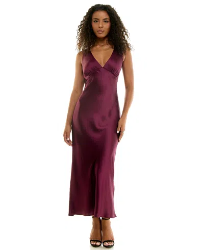 Emerald Sundae Juniors' V-neck A-line Satin Midi Dress In Burgundy