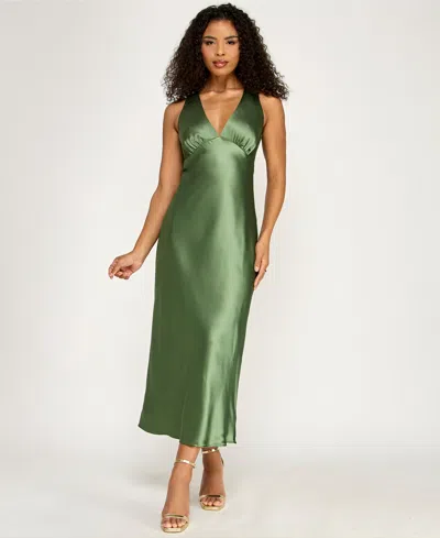 Emerald Sundae Juniors' V-neck A-line Satin Midi Dress In Green