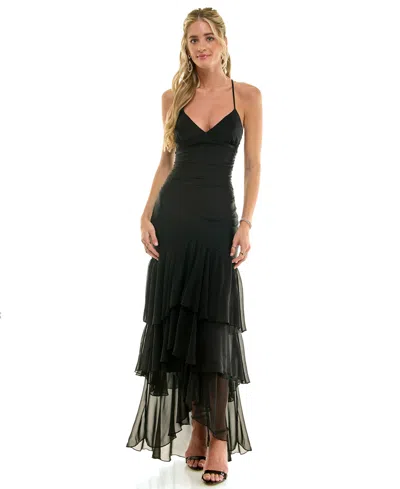 Emerald Sundae Juniors' V-neck Lace-up Back Bodycon Gown In Black