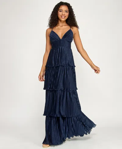 Emerald Sundae Juniors' V-neck Ruffle-tiered Sleeveless Gown In Blue