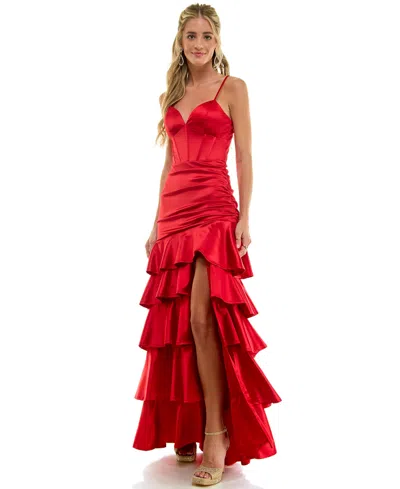 Emerald Sundae Juniors' V-neck Tiered Skirt Gown In Red