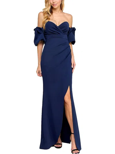 Emerald Sundae Juniors Womens Off-the-shoulder Ruched Evening Dress In Blue