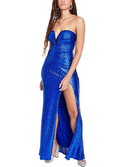 Emerald Sundae Juniors Womens Sequined Strapless Evening Dress In Blue