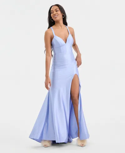 Emerald Sundae Juniors' X-back High-slit Gown In Blue