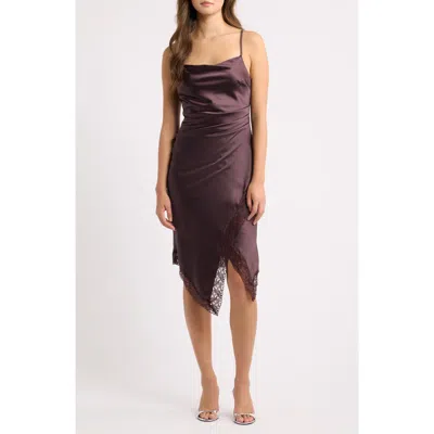 Emerald Sundae Lace Trim Satin Asymmetric Slipdress In Brown