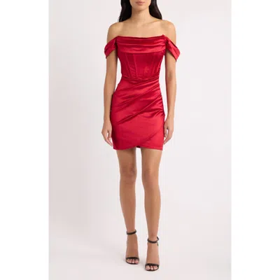 Emerald Sundae Off The Shoulder Satin Corset Cocktail Dress In Red
