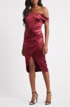 Emerald Sundae Off The Shoulder Satin Midi Dress In Burgundy