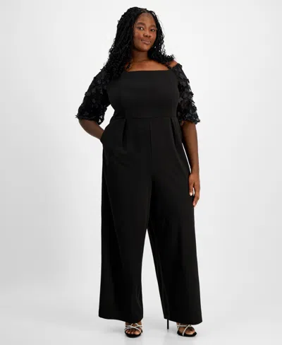 Emerald Sundae Plus Size 3d Floral-sleeve Off-the-shoulder Jumpsuit In Black