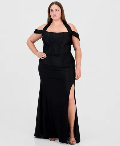 Emerald Sundae Plus Size Off-the-shoulder Corset Gown In Black