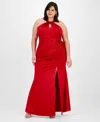 Emerald Sundae Plus Size Sateen Shirred Halter Gown In Red