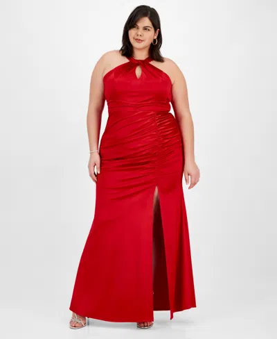 Emerald Sundae Plus Size Sateen Shirred Halter Gown In Red