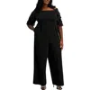 Emerald Sundae Plus Size 3d Floral-sleeve Off-the-shoulder Jumpsuit In Black