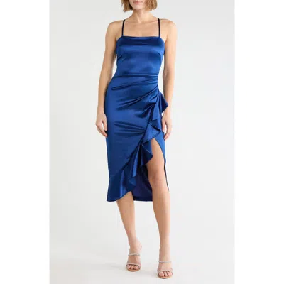 Emerald Sundae Square Neck Side Ruffle Satin Midi Dress In Midnight