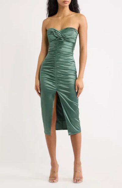 Emerald Sundae Strapless Ruched Midi Dress In Green