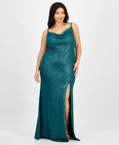 Emerald Sundae Trendy Plus Size Draped-sweetheart-neck Glitter Gown In Green