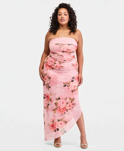 Emerald Sundae Trendy Plus Size Floral Print Strapless Maxi Dress In Pink
