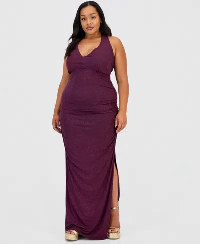 Emerald Sundae Trendy Plus Size Halter-neck Side-slit Evening Gown In Purple