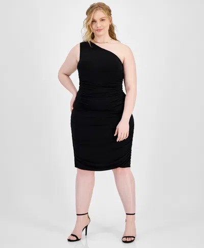 Emerald Sundae Trendy Plus Size One-shoulder Ruched Dress In Black