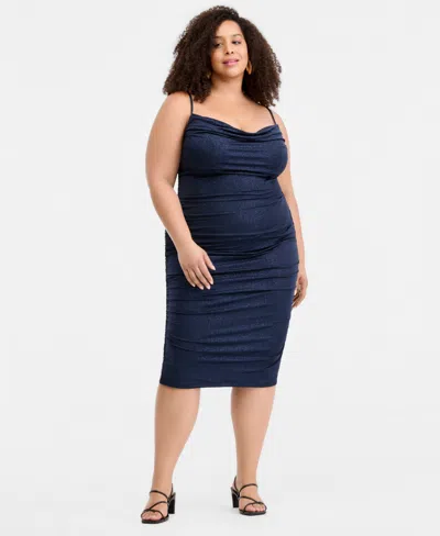Emerald Sundae Trendy Plus Size Ruched Bodycon Midi Dress In Blue