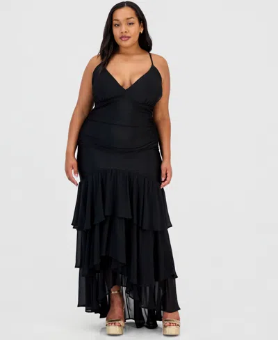 Emerald Sundae Trendy Plus Size Ruffled Tiered Gown In Black