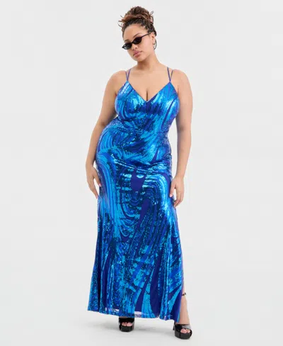 Emerald Sundae Trendy Plus Size Sequined Lace-up-back Gown In Blue