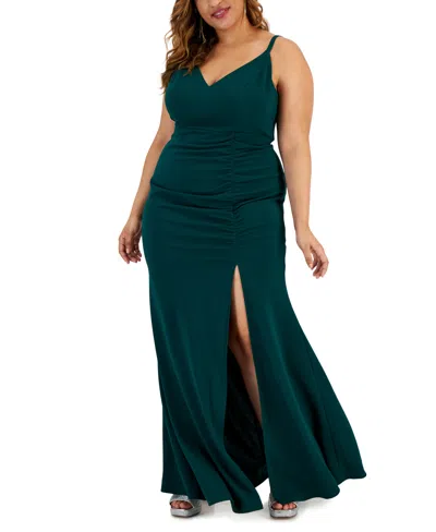 Emerald Sundae Trendy Plus Size Side-shirred Gown In Hunter