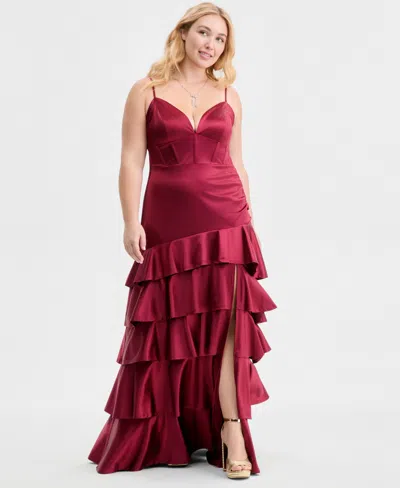Emerald Sundae Trendy Plus Size Sleeveless Ruffled Gown In Burgundy