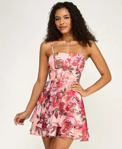 Emerald Sundae Women's Floral Printed Square Neck Short Dress In Pink