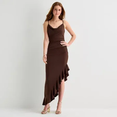 Emerald Sundae Womens Juniors Draped Neck Sleeveless Bodycon Dress In Brown