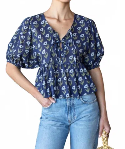 Emerson Fry Bastian V-neck Top In Pressed Poppies Blue Indigo Organic