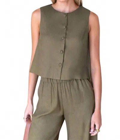 Emerson Fry Button Front Wide Hem Top In Gothic Olive Linen In Green