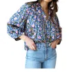 Emerson Fry Emmaline Blouse In Blue Chrysanthemum Satin In Blue