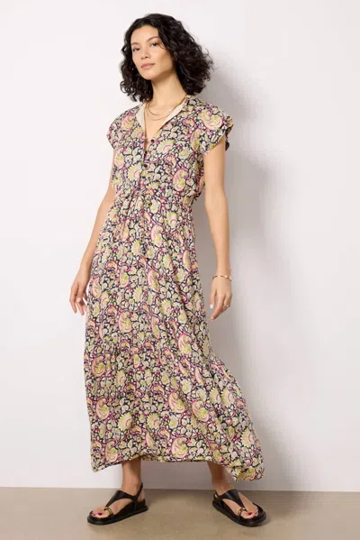 Emerson Fry Frances Frill Maxi Dress In Navy Paisley Print In Gray