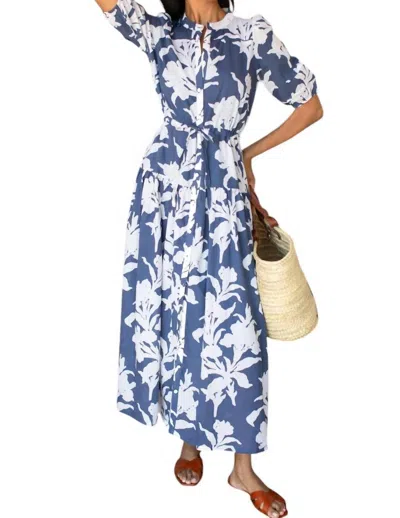 Emerson Fry Lucy 4 Basque Dress In Blue Indigo + Ivory Orchid Organic