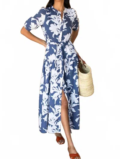 Emerson Fry Lucy Basque Dress In Indigo + Ivory Orchid In Multi